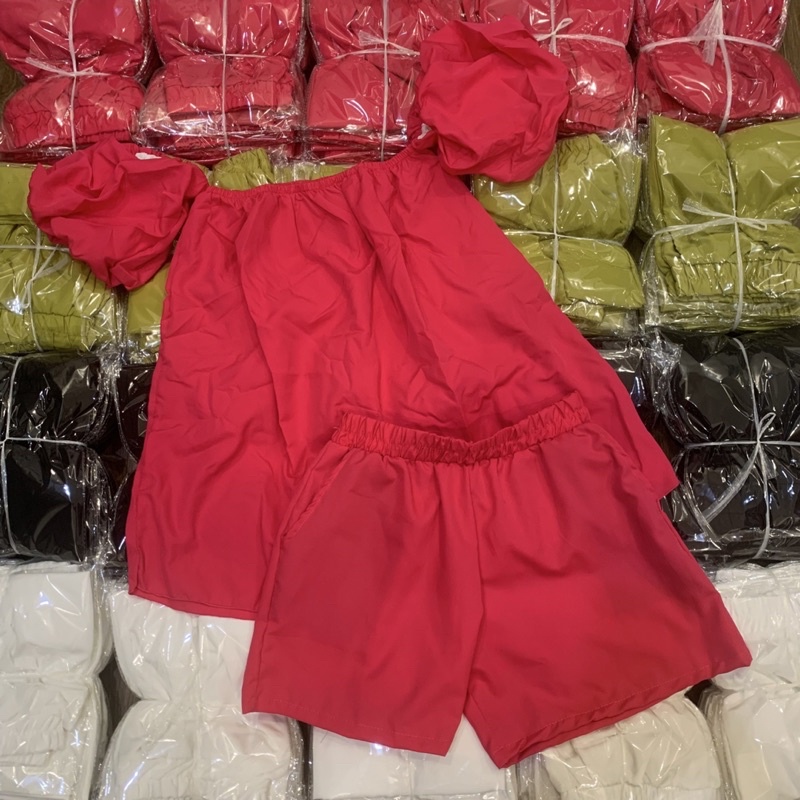 Sét bộ áo bẹt vai tay phồng quần đùi lưng chun màu Hồng sen