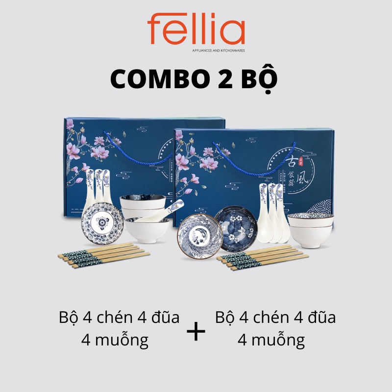 Combo 2 bộ 4 chén muỗng sứ Fellia tổng sản phẩm gồm 8 chén 8 muỗng 8 đũa tre