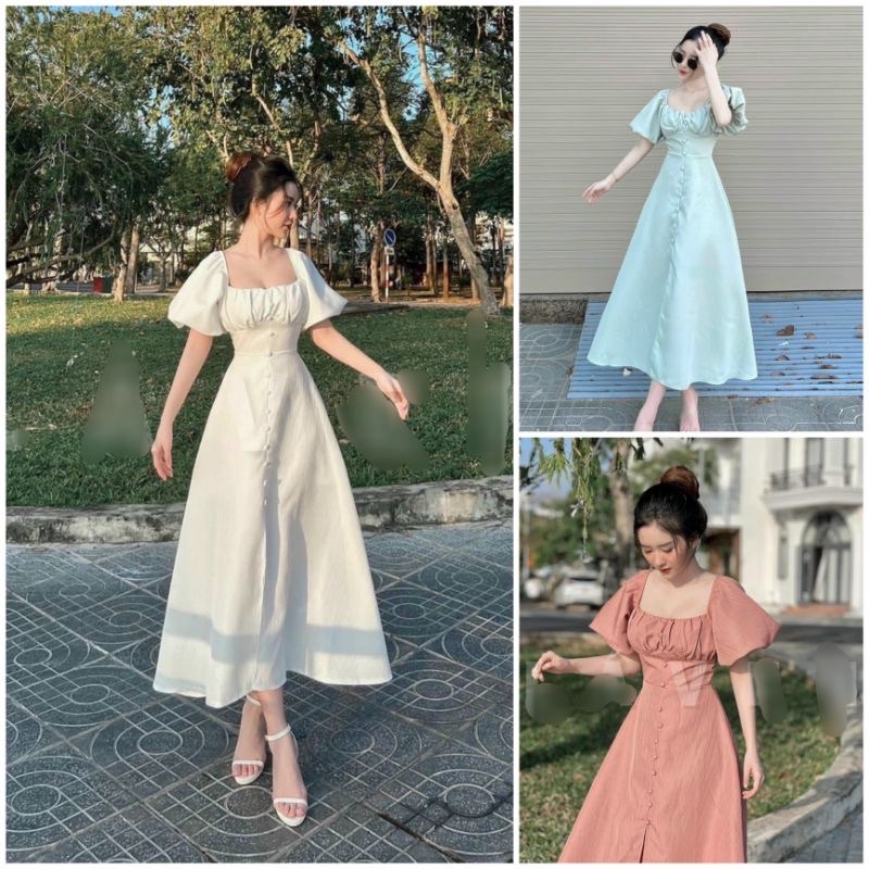 Váy maxi nâu tây phồng xếp ly ngực phối nút bọc