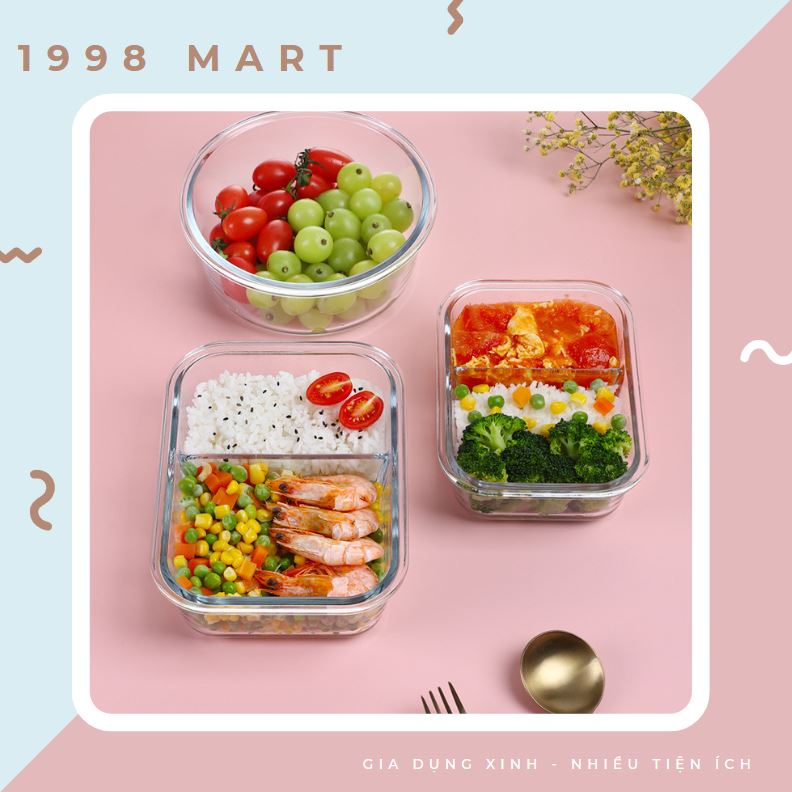Hộp cơm văn phòng chia ngăn bằng thủy tinh chống tràn giữ nhiệt dùng được lò vi sóng