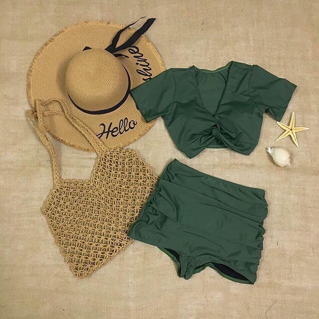 bikini hai mảnh áo croptop cộc tay sẵn mút nâng ngực quần đùi nhún che bụng | BigBuy360 - bigbuy360.vn