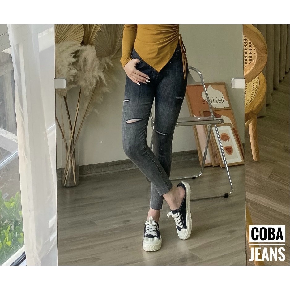 Quần jean dài BIGSIZE Lưng cao, màu xám lông chuột loang 2 màu, co dãn mạnh rẻ đẹp cắt rách 3950 Moliruan