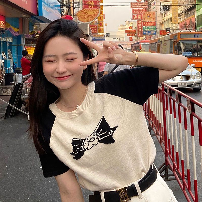 Áo Thun Dệt Kim Ngắn Tay Thắt Nơ Phong Cách Hàn Quốc Gợi Cảm Cho Nữ