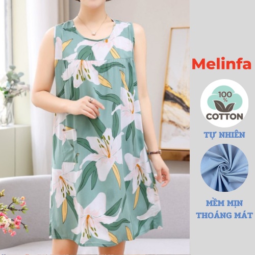 Váy ngủ ba lỗ nữ vải Cotton lụa tự nhiên thoáng mát mềm mại, đầm ngủ ba lỗ họa tiết nhiệt đới mã VAV0177