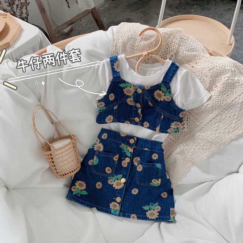 Bộ áo Denim + chân váy thiết kế mới thời trang mùa hè theo phong cách Hàn Quốc cho bé gái