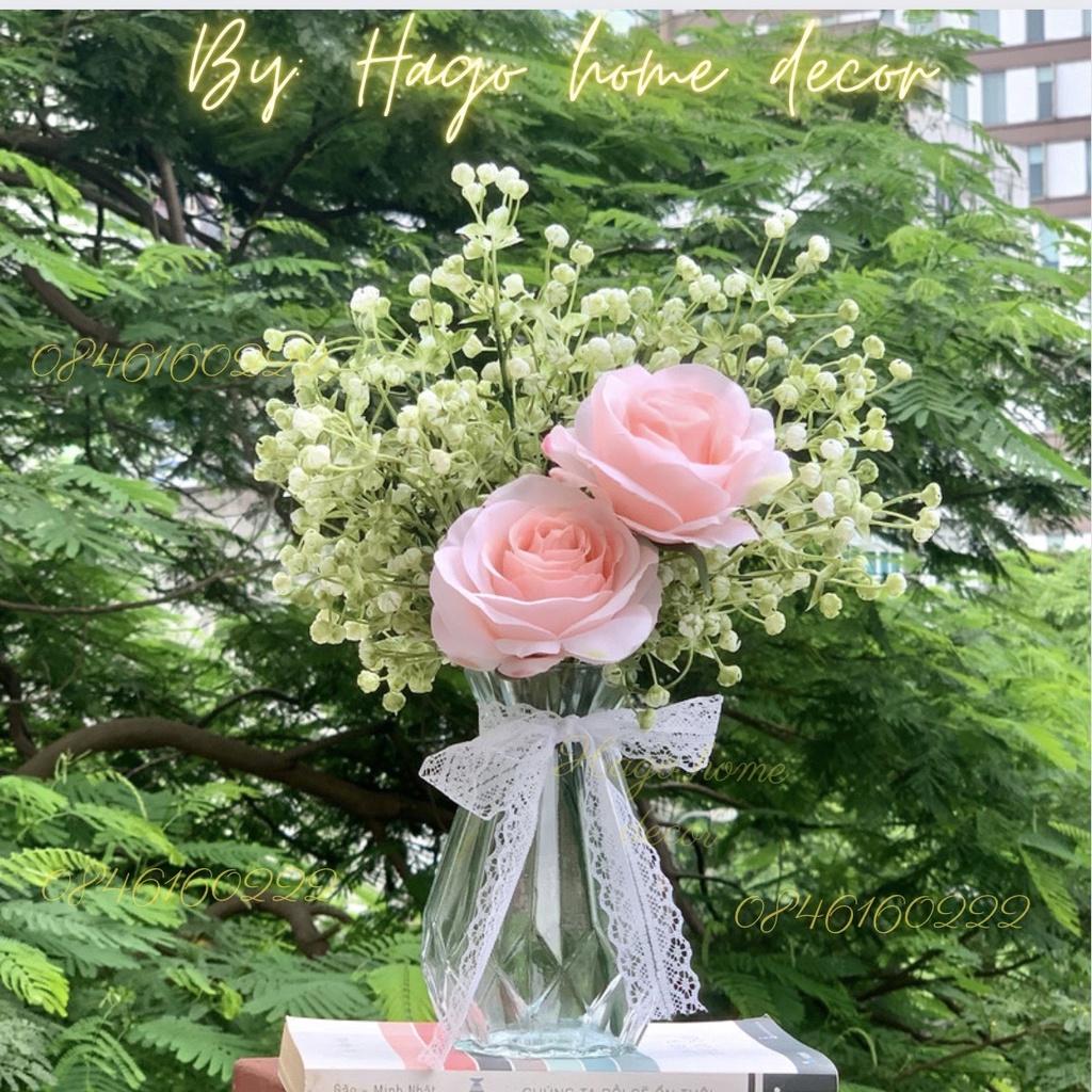 Bình hoa, lọ hoa thủy tinh cắm kèm hoa hồng Rose cao 32cm thiết kế sang trọng để bàn tiệc, bàn trà, bàn trang điểm,kệ tủ