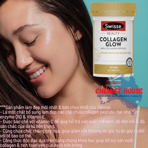 [Hàng Chuẩn ÚC] Swisse Beauty Collagen Glow - Viên uống đẹp da trẻ hóa collagen thủy phân 60/120 viên