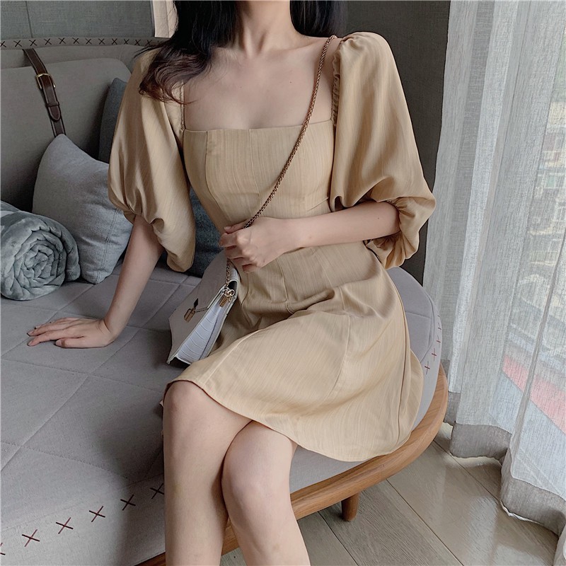 Đầm xoè,Váy xòe cổ vuông tay lỡ phồng, váy đẹp chất UMI mềm nhẹ tôn dáng cao cấp | BigBuy360 - bigbuy360.vn