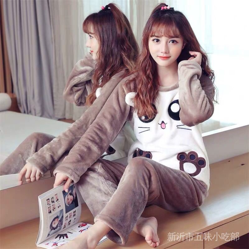 Bộ Đồ Ngủ Chất Nỉ Dày Dặn Ấm Áp Phong Cách Hàn Quốc Dễ Thương Thời Trang Thu Đông Cho Nữ