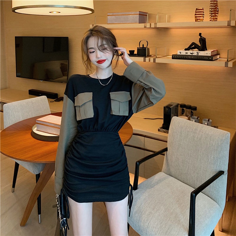 Đầm chiết eo tay dài tôn dáng phối màu thời trang mùa thu đông cho nữ size lớn M-4XL