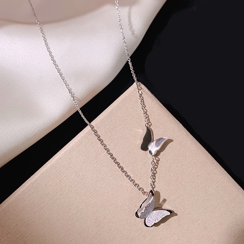 Vòng cổ titan nữ không gỉ hình mặt bướm phun cát lấp lánh phong cách thời trang ngọt ngào thanh lịch