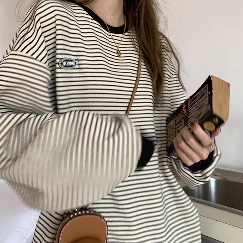 Áo Thun Tay Dài Dáng Rộng Họa Tiết Sọc Ngang Thời Trang Xuân Thu Cho Nữ