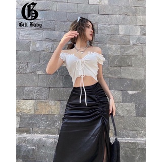 GILLBABY | Áo croptop cột dây viền bèo chất thun gân sexy