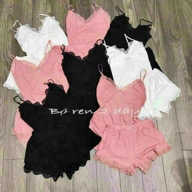 Bộ đồ ngủ len tăm 2 dây viền ren xinh xắn <48kg | BigBuy360 - bigbuy360.vn