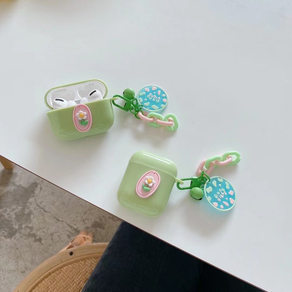 Vỏ Bảo Vệ Hộp Sạc Tai Nghe airpods 1 2 pro Bằng tpu Mềm Hình Hoa Phối Dây Xích Màu Xanh Lá