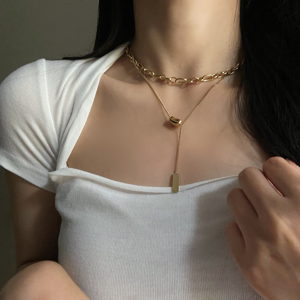 Vòng cổ Thép Titan Hai Lớp Tua Rua Phong Cách Hip Hop Thời Trang