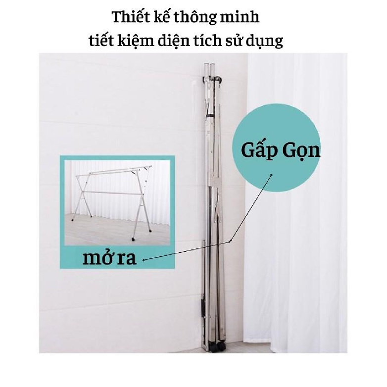 Sào Phơi Đồ Inox Thông Minh SP16, Cải Tiến Bánh Xe, Cây Gấp gọn, Giá Giàn Phơi Có Quà Tặng Móc Treo Đồ - 2,4m + Bánh xe