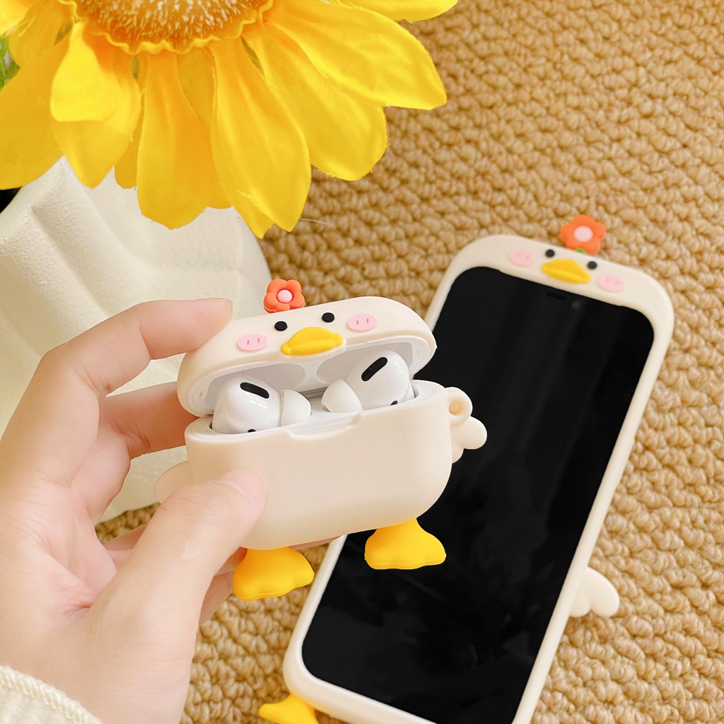 Vỏ Bảo Vệ Hộp Sạc Tai Nghe Airpods 1 2 3 Pro Chống Sốc Hình Chú Vịt Và Hoa Dễ Thương