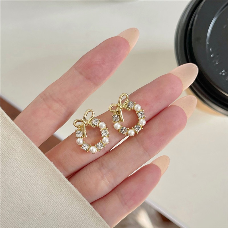 Khuyên Tai Hình Nơ Đính Đá Ngọc Trai Nhân Tạo Mới