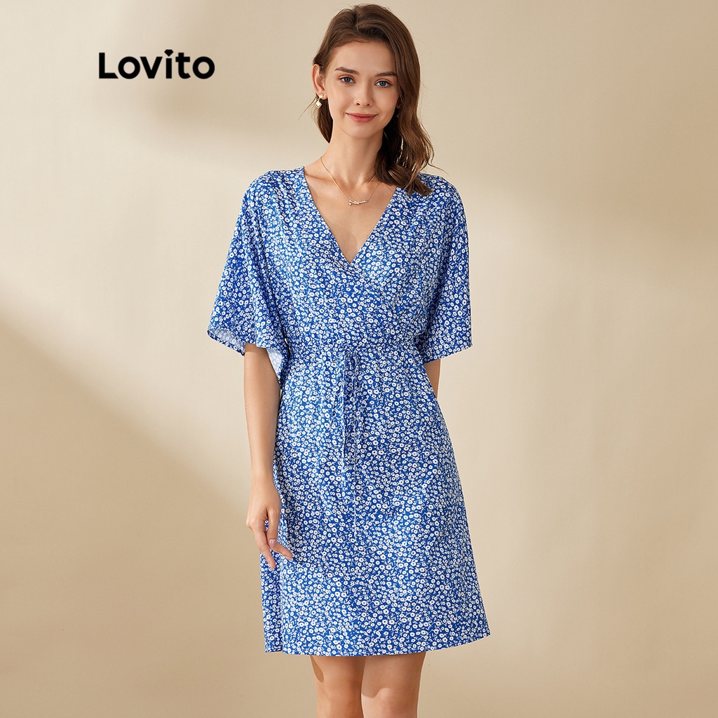 Lovito Đầm Kimono Tay Loe Cổ Chữ V Hoạ Tiết Hoa Cho Nữ L20D1257