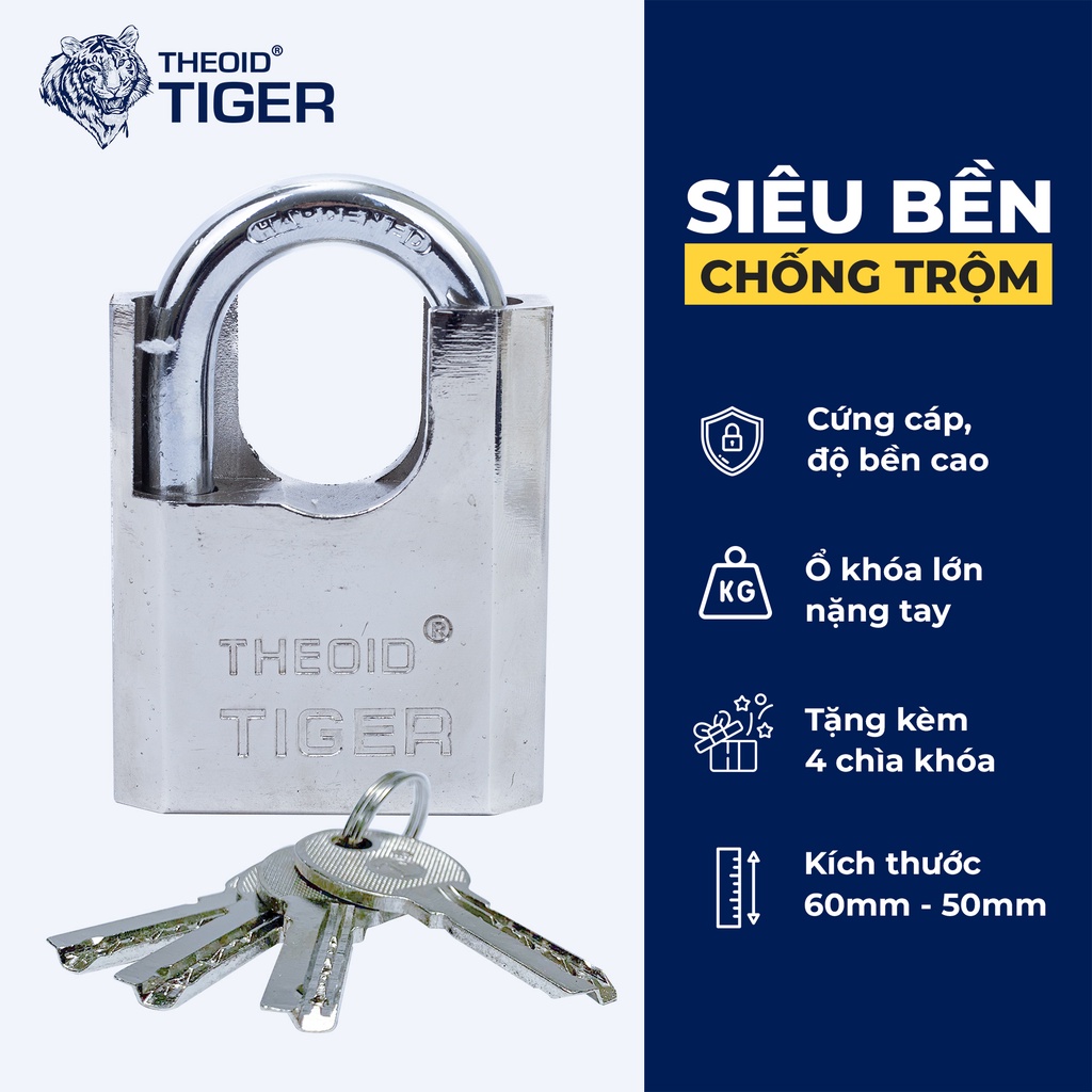 Ổ Khoá Cửa Chống Trộm Theoid Tiger Loại 6 phân kèm 4 chìa khoá - Hàng Chính Hãng