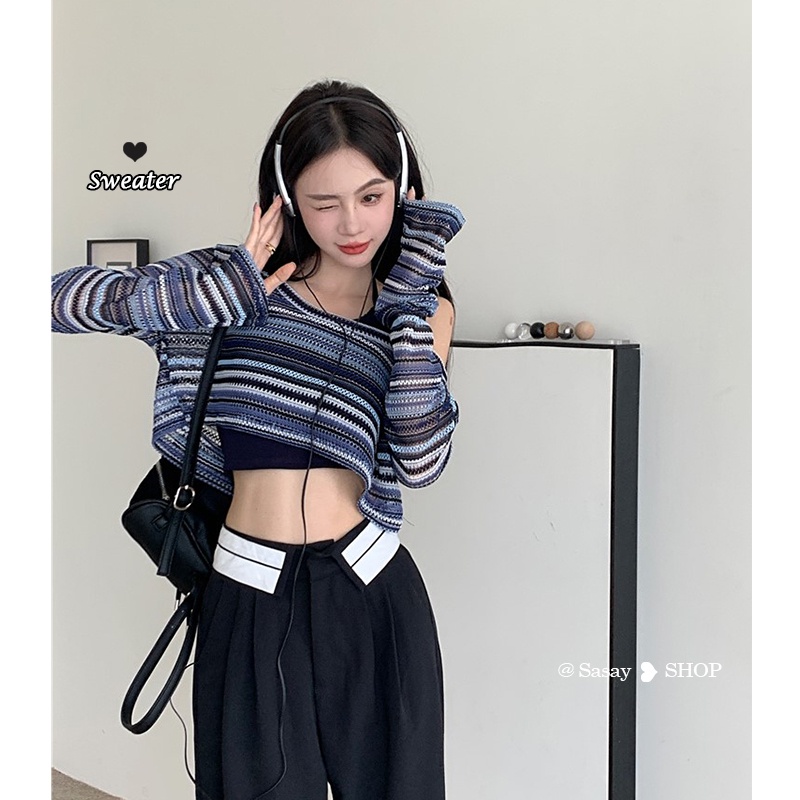 QADCOL Áo Thun Nữ Tay Dài Kẻ Sọc Thời Trang Hàn Quốc