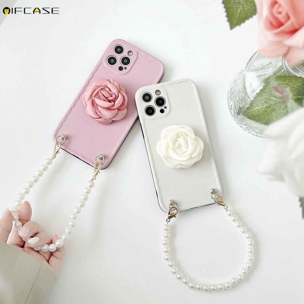 Ốp Điện Thoại Họa Tiết Hoa Trà Gắn Dây Đeo Ngọc Trai / Hồng / Trắng Cho iPhone 12 11 Pro Max XS Max XR X 7 8 Plus