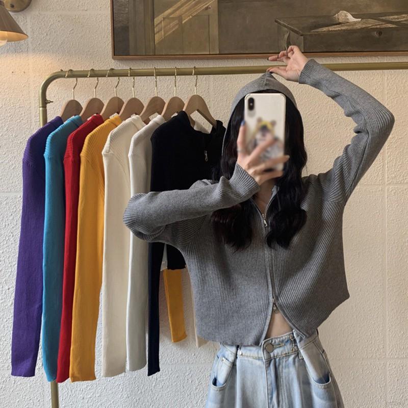 Áo cardigan dệt kim có nón trùm màu trơn phối khóa kéo phong cách Hàn Quốc cho nữ | BigBuy360 - bigbuy360.vn