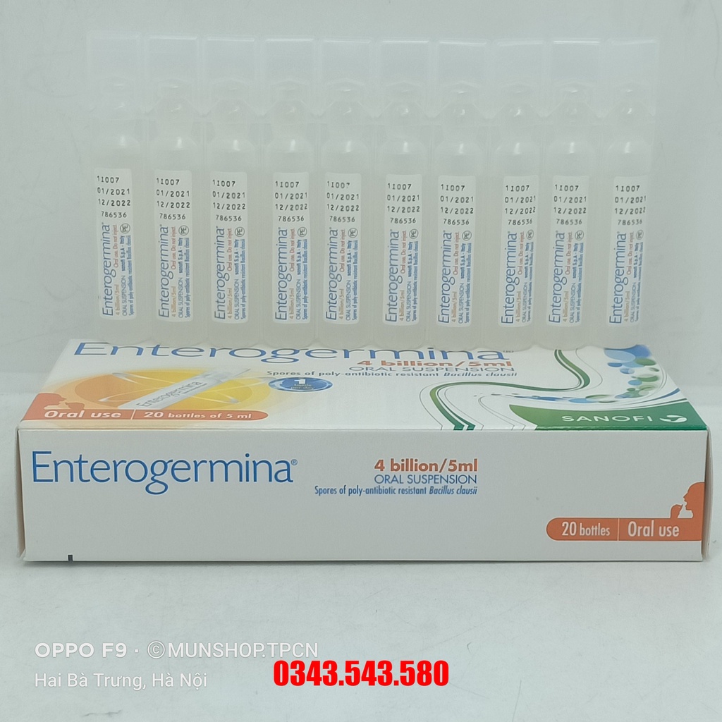 Men vi sinh Enterogermina hộp 20 ống chứa 4 tỉ bào tử Bacillus clausii mỗi ống 5ml