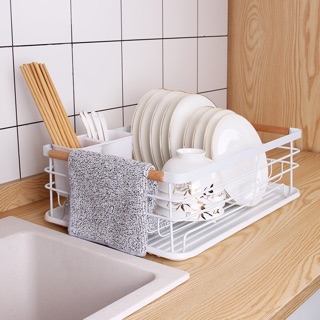 Kệ Úp Chén Bát, Tay Cầm Gỗ ( tặng kèm Khay Hứng Nước)