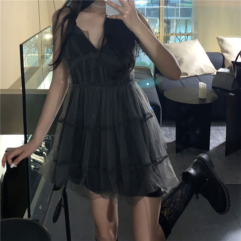 Đầm Lưới Xếp Ly Mini Cổ Chữ V Buộc Dây Eo Cao Phong Cách Gothic Cho Nữ