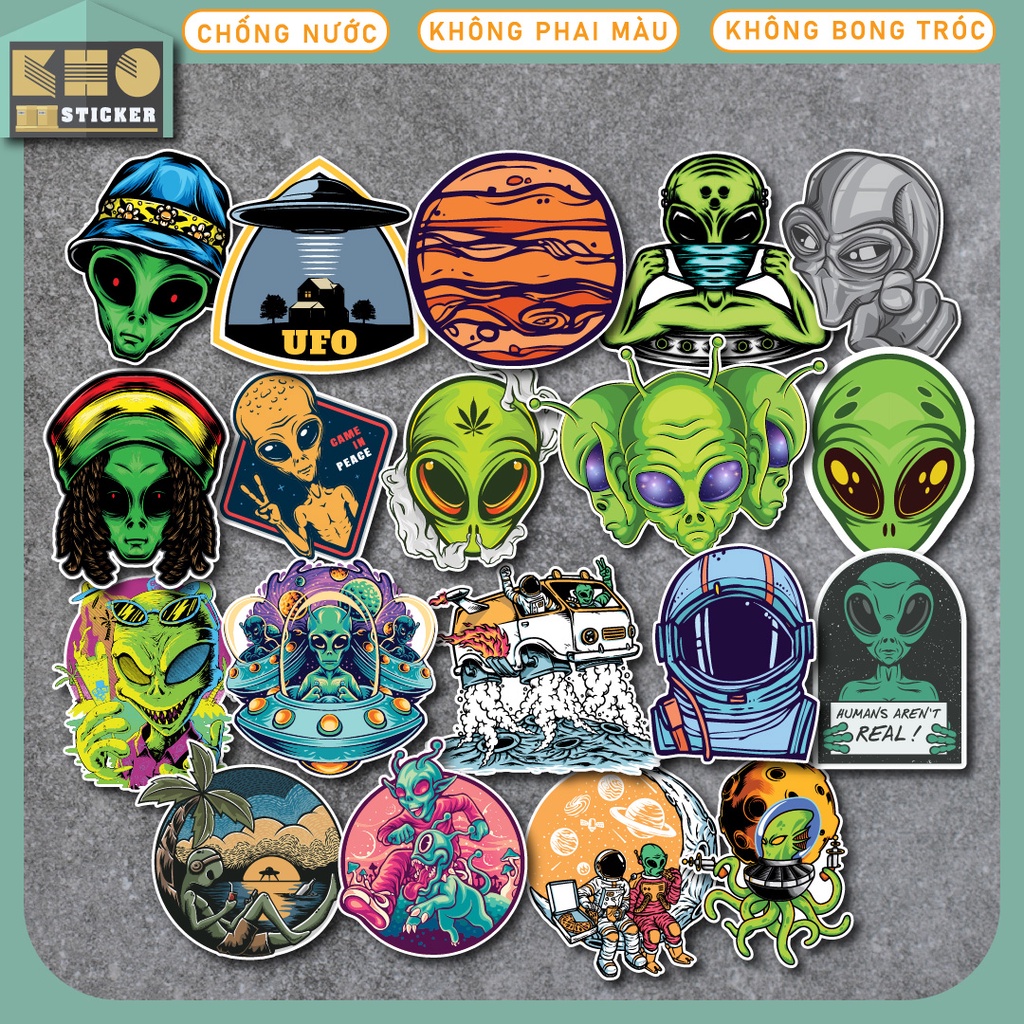 Combo 50 Sticker Alien chống nước sticker dán laptop, điện thoại, đàn guitar, mũ bảo hiểm, vali. MSP: ST66