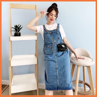 Váy yếm jean nữ HANOIJEAN - Yếm Ullzang form dài có nắp yếm váy jean Hàn Quốc YJ011