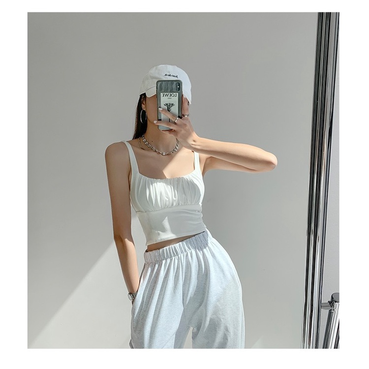 Áo hai dây thun croptop cổ U nhún ngực sexy phom ôm màu trơn BS30