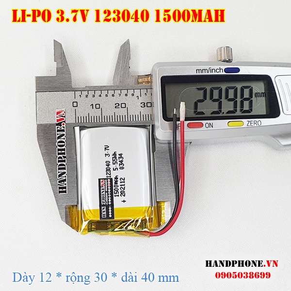 Pin sạc Li-Po 3.7V 1500mAh 123040  cho Loa Bluetooth, Camera Hành Trình, Khoá Vân Tay, Chuột Máy Tính