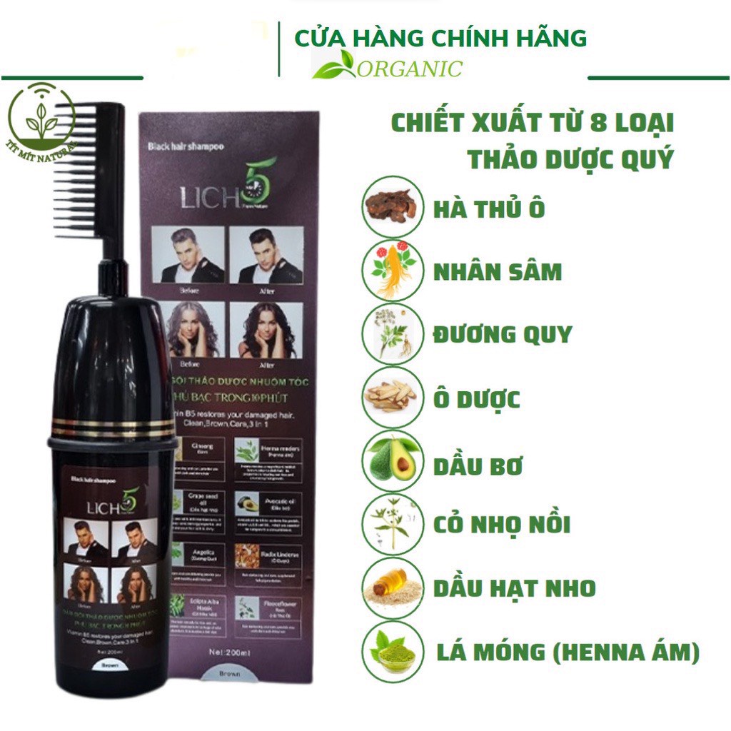 Dầu Gội Lich5 - Thảo Dược Đen Tóc Cocayhoala làm đen tóc trong 5 phút - Dạng chai lược chải tiện dụng 200ml