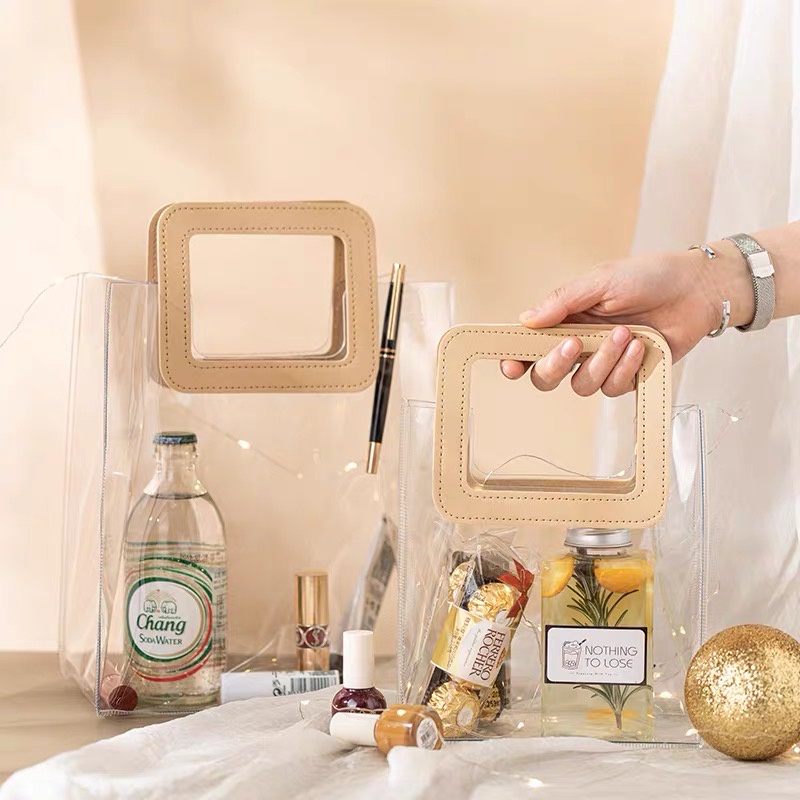 [Quai Nâu - Nhựa Siêu Dày] Túi Nhựa Trong Suốt Dé Store Có Quai Cầm Bằng Da Phong Cách Hàn Quốc