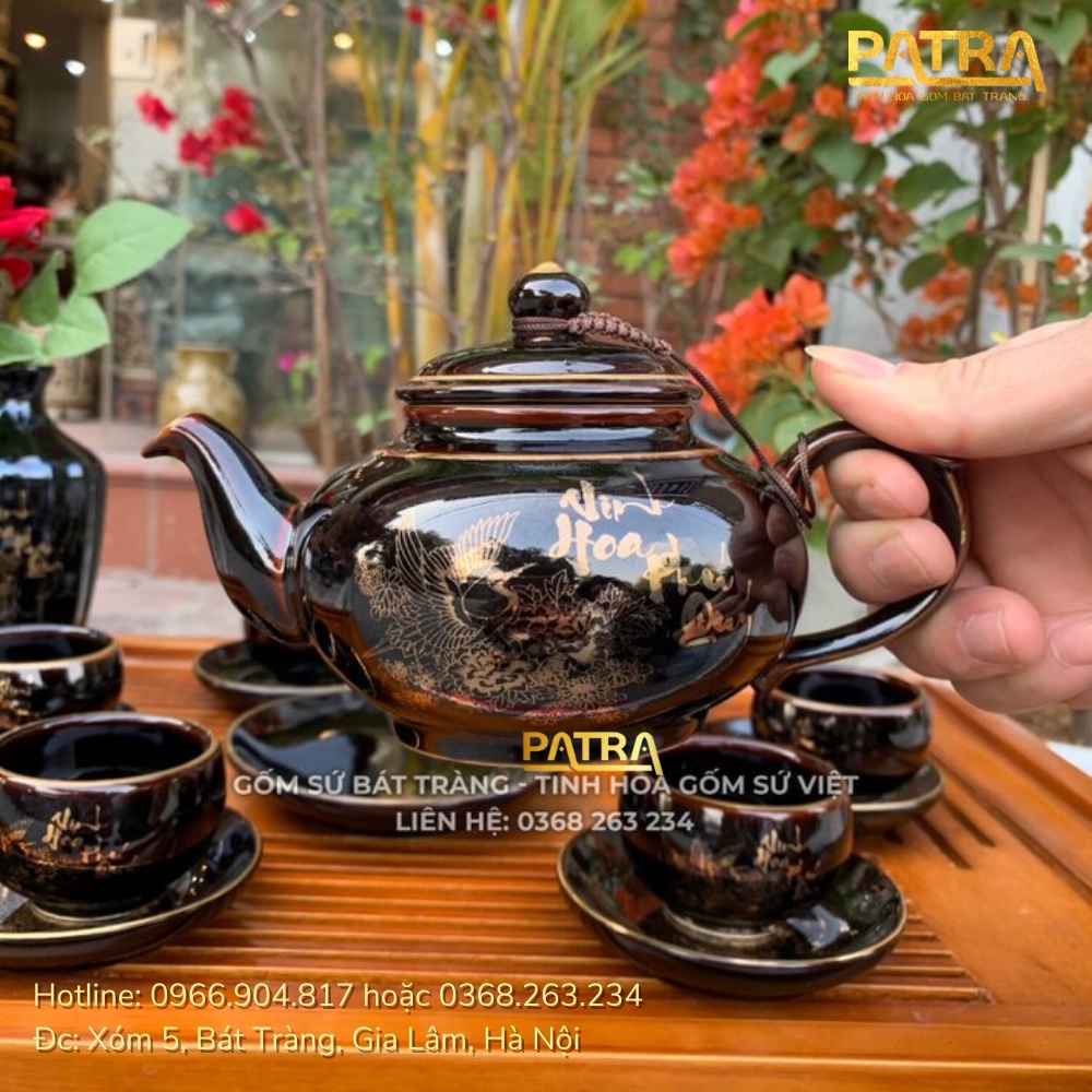 Bộ ấm chén uống trà cao cấp , bộ ấm trà Bát Tràng - vinh hoa phú quý men đen bóng