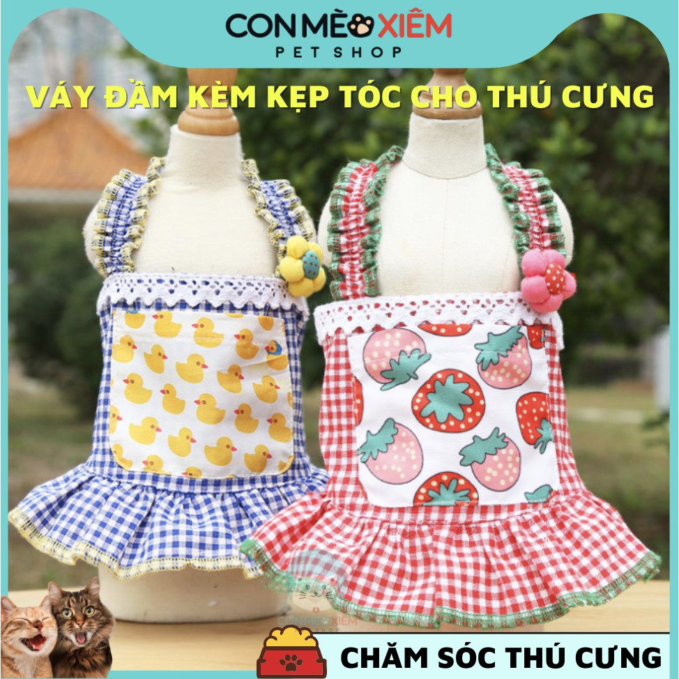 Đầm vịt vàng xanh dâu đỏ caro , quần áo cún mèo con lớn nhỏ thú cưng Con Mèo Xiêm