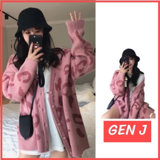 Áo khoác cardigan len họa tiết da báo dáng dài -Gen J