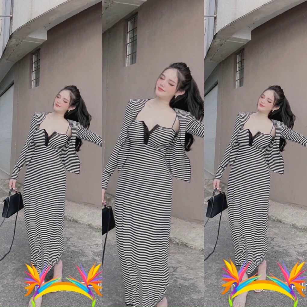 Set đầm body 2 dây kẻ sọc phối nút cài ngực Form dài chất thun co giãn + Áo khoác dài tay
