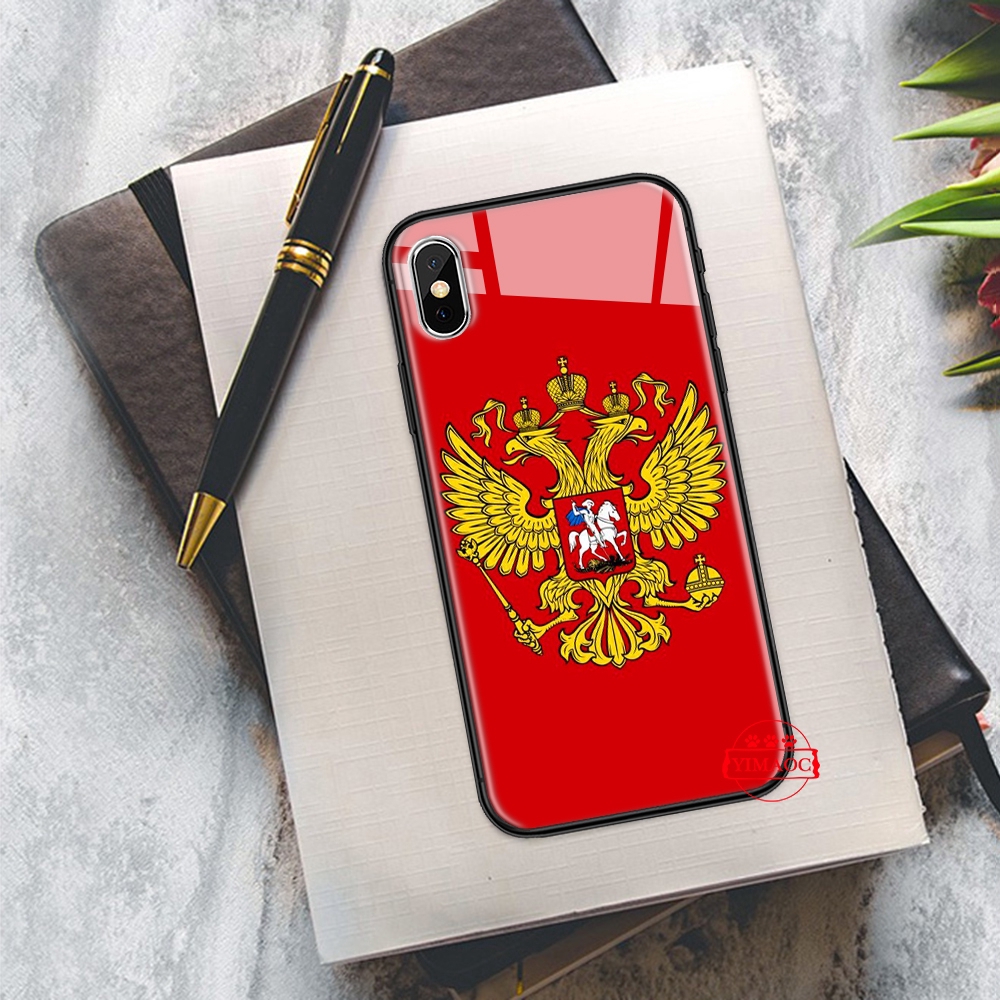 Ốp điện thoại mặt kính in hình gấu đại bàng quốc kỳ Nga cho iPhone XS Max XR X 11 Pro 7 8 6 6S Plus