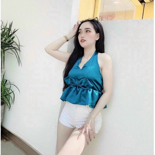 Áo yếm cái nút sau bèo phối nơ to trước cực xinh , chất phi bóng mềm mát