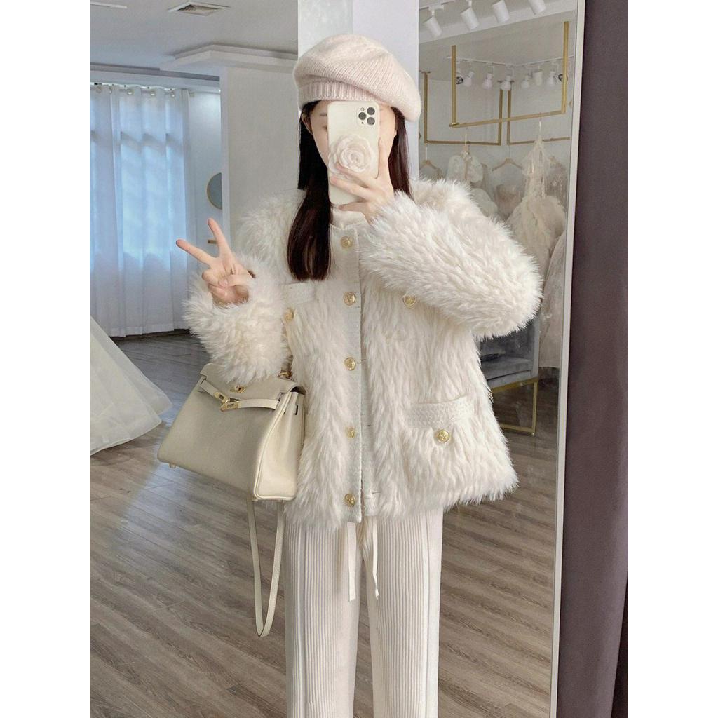 Bộ Đồ Nữ Mùa Thu Đông Mới Khí Chất , Lông cừu Áo Khoác Phiên Bản Hàn Quốc phối quần dài suông xinh xắn