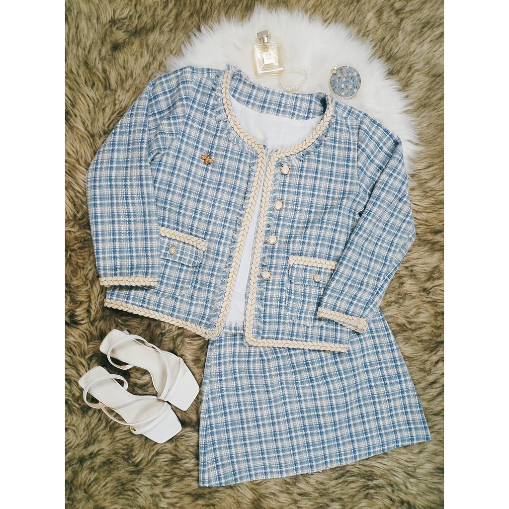 Set dạ tweed xanh hai lớp