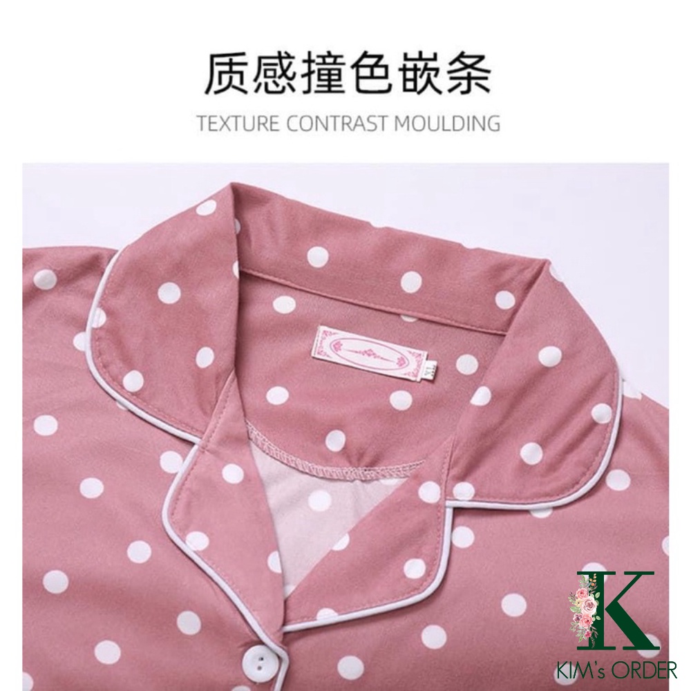 Bộ mặc nhà đồ ngủ pijama sau sinh hoạ tiết chấm bi dài tay phong cách Hàn Quốc