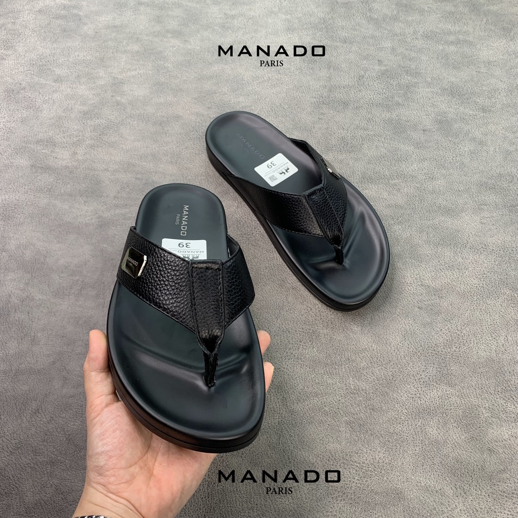 Dép xỏ ngón, dép quai kẹp nam cao cấp Manado Mã MND09 màu đen fullbox, quai da bò mềm mại, đế cao su thiết kế chắc chắn