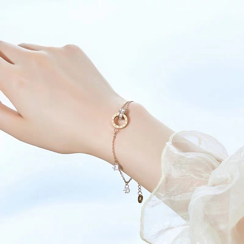 Vòng tay/ lắc chân hai lớp bằng thép titan mạ vàng hồng 18K đính đá zircon phong cách Nhật Hàn đơn giản điều chỉnh được