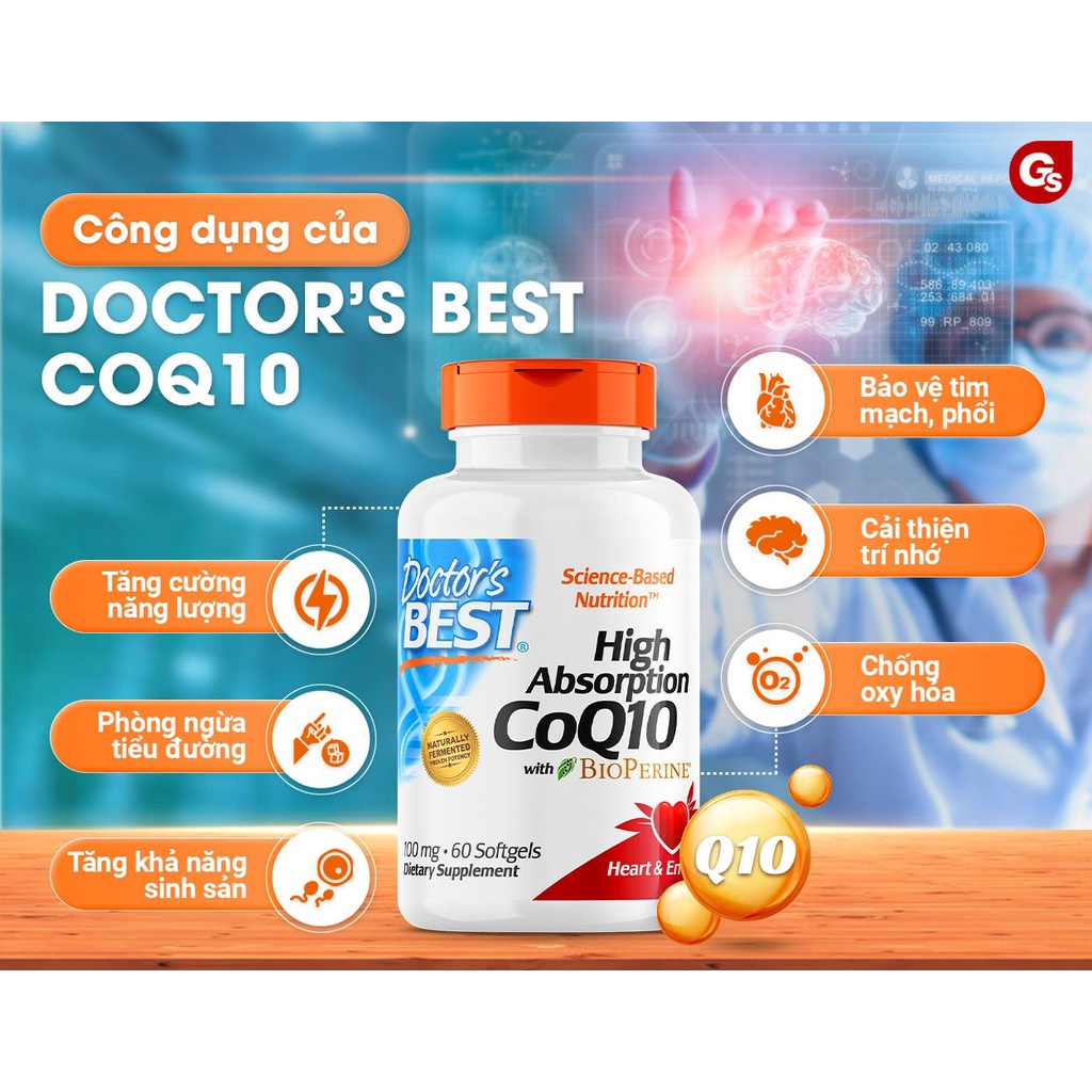 Viên uống Doctor's Best High Absorption CoQ10 with BioPerine  nhập khẩu Mỹ - Gymstore, bảo vệ sức khỏe tim mạch