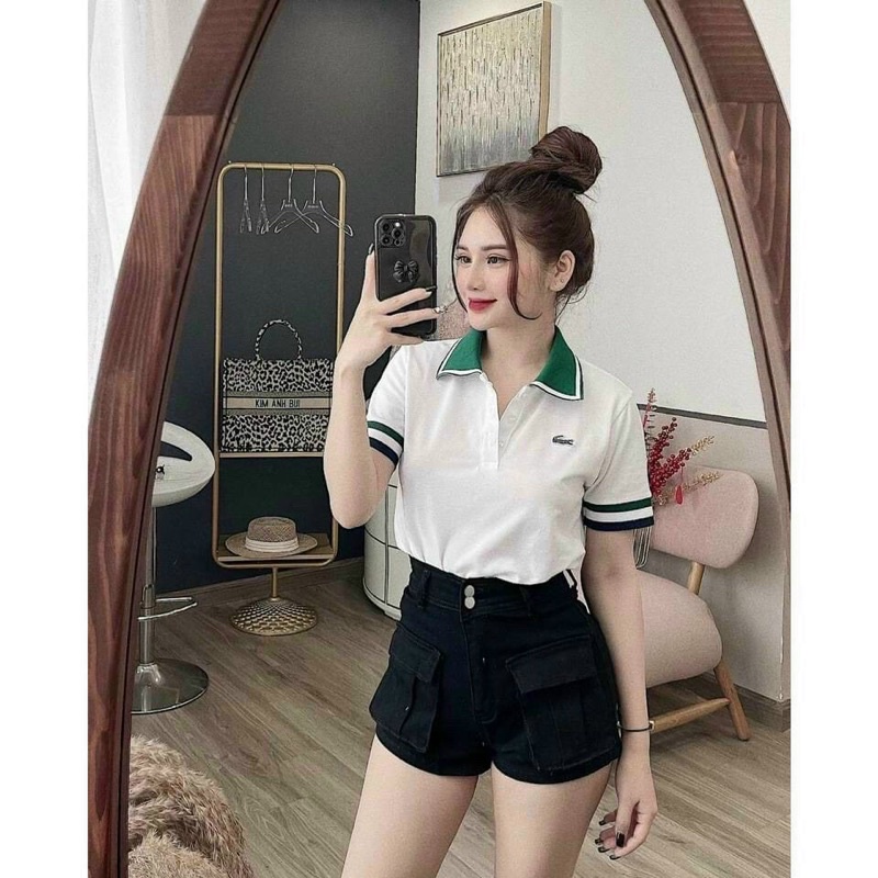 Áo polo nữ phối cổ xanh viền tay
